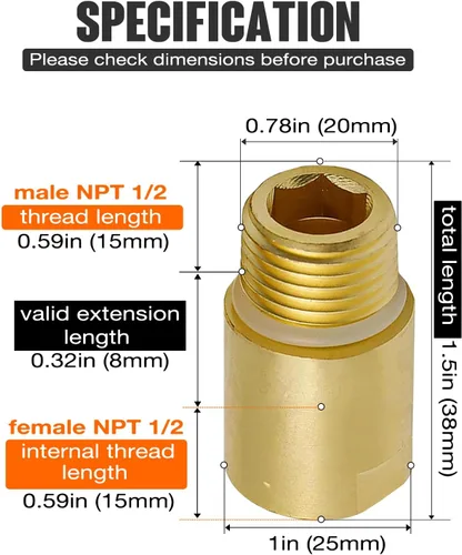 Miniatura 2 de (2 piezas) Adaptador de fontanería de tubo de latón mejorado con junta tórica de goma, 1/2" NPT macho x 1/2" NPT hembra acoplador de montaje