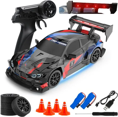 Coche de Deriva RC, Vehículo de Control Remoto a Escala 1:24 para Niños, 2.4GHz 20KM/H 4WD Autos RC de Alta Velocidad con Luz LED, Dos Baterías y