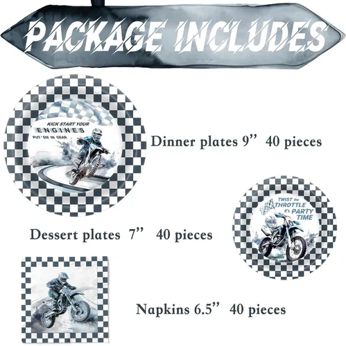 Miniatura 2 de Suministros de fiesta de cumpleaños para 40 invitados, juego de platos de cumpleaños y servilletas de motocross, decoraciones de fiesta de motocross