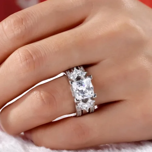 Miniatura 6 de Jeulia - Juego de anillos de novia de 4.1 quilates para mujer, anillos de compromiso de corte princesa, anillos intercambiables de boda de plata