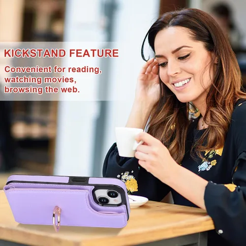 Miniatura 6 de Folosu Compatible con iPhone 15 Funda cartera con tarjetero con rotación de 360°, soporte de anillo de dedo con función atril, bloqueo RFID