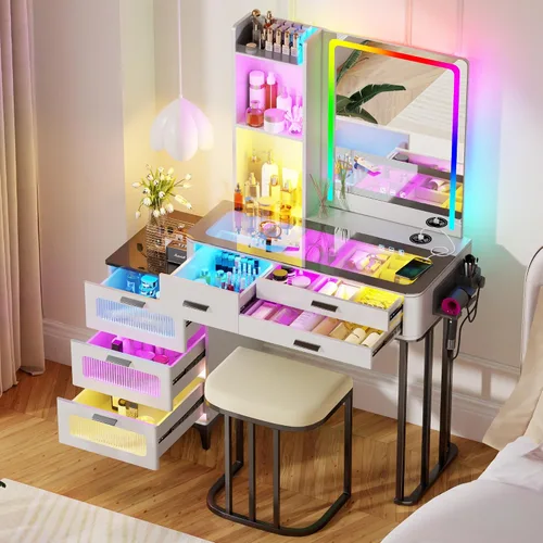 Miniatura 10 de HNEBC - Mesa de tocador RGB con espejo y luces, mesa de maquillaje con espejo LED y estación de carga USB/inalámbrica, juegos de mesa de tocador