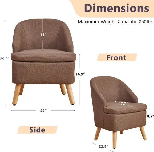 Miniatura 2 de SIMPLEOPULENCE - Silla de barril decorativa para sala de estar, silla de club tapizada de tela moderna con respaldo curvado y patas de madera Marrón