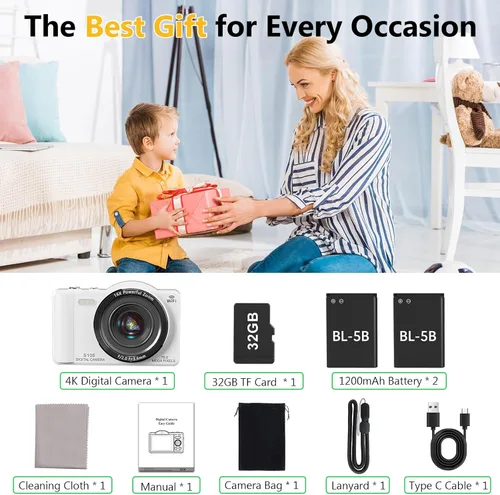 Miniatura 9 de Cámara digital para fotografía – WiFi 4K 75MP Vlogging Cámaras para YouTube, pantalla táctil enfoque automático apuntar y disparar cámara digital