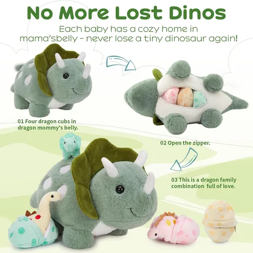 Miniatura 6 de Animales de peluche de dinosaurio, juguete de peluche para niñas y niños, una mamá dinosaurio con 3 dinosaurios bebés, triceratops, estegosaurio
