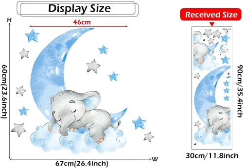 Miniatura 4 de Calcomanías de pared de elefante azul dormido, diseño de luna y estrellas de sacinora para bricolaje, vinilo extraíble, despegar y pegar para niños