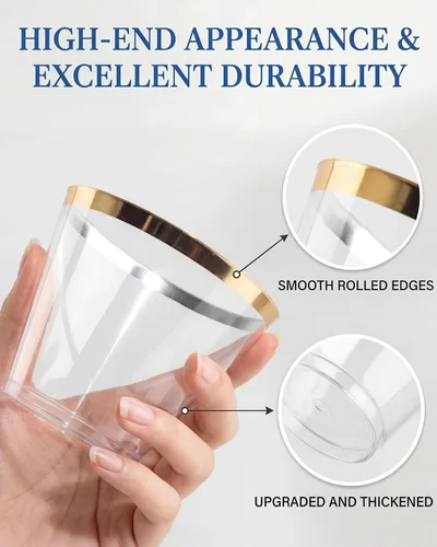 Miniatura 5 de Nervure 120 vasos de plástico dorados – Vasos de plástico con borde dorado de 9 onzas – Taza transparente desechable resistente con borde dorado