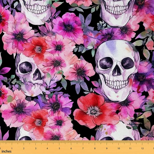 The Yard - Tela de esqueleto de flores en acuarela para sillas, exótica, tribal, floral, estampado de calavera, tela de tapicería para artes, plumas