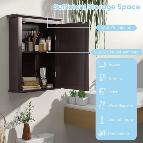 Miniatura 7 de Botiquín marrón con espejo, almacenamiento ajustable montado en la pared para baño, sala de estar, dormitorio, entrada y cocina