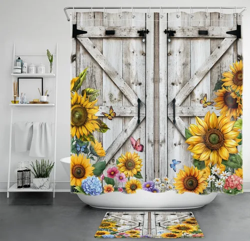 Miniatura 17 de Cortina de ducha con puerta de granero occidental para baño, lavanda púrpura y verde corona de eucalipto en tableros de madera rústica, cortina