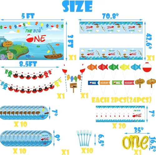 Miniatura 3 de Ofishally - 217 piezas de decoraciones de cumpleaños con diseño de «Gone Fishing Dinnierware» The Big One Balloon Garland Banner Cake Cupcake Topper