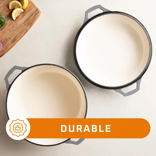 Miniatura 7 de Bruntmor Horno Holandés de Hierro Fundido Esmaltado 2 en 1 con Asas - Olla de Barro Gris Olla de Hierro Fundido con Tapa de Sartén - Utensilios