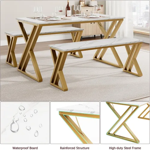 Miniatura 5 de GarveeHome Mesa de cocina con 2 bancos, juego de mesa de comedor para 4 personas con mesa de mármol sintético, juego de mesa de comedor que ahorra