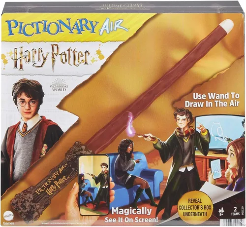 Mattel Games PICTIONARY AIR - Juego de dibujo familiar de Harry Potter, bolígrafo de varita, 112 tarjetas de pista de doble cara, soporte para