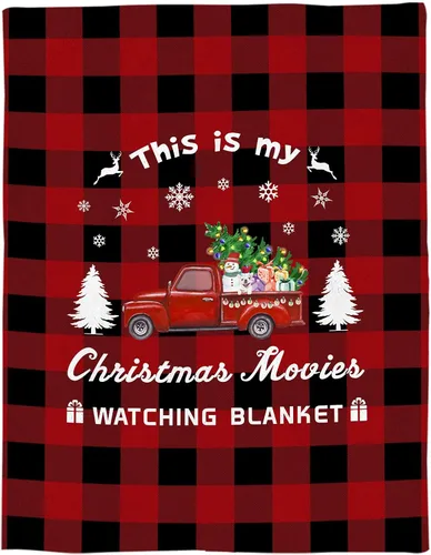 Miniatura 5 de Manta de Navidad para Camión, Super Suave de Franela y Forro Polar, "Esta es mi manta para ver películas de Navidad", Árbol Camión Rojo a Cuadros
