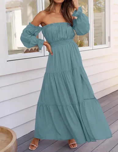 Miniatura 137 de ZESICA - Vestido largo, bohemio y sexy, con hombros descubiertos y manga larga fruncida, con elástico fruncido, cintura alta y abertura lateral