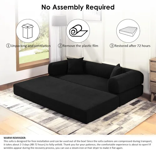 Miniatura 8 de Sofá cama convertible de 80 pulgadas, sofá cama plegable de pana con almohadas, sofá de compresión moderno sin hueso sin montaje, sofá de compresión