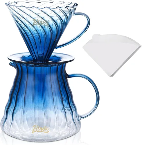 Bincoo Juego de cafetera para verter con gotero tamaño 0.1 fl oz, juego de servidor de café de vidrio cónico de 60 ángulos con soporte y papel de