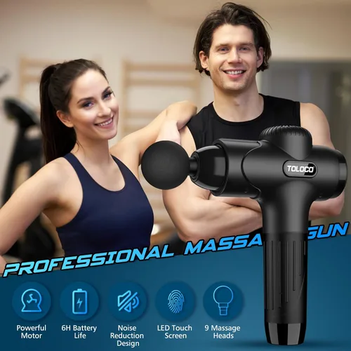 Miniatura 7 de TOLOCO Pistola de masaje de tejido profundo, pistola de masaje de percusión con 10 cabezales de repuesto, masajeador eléctrico portátil super Negro