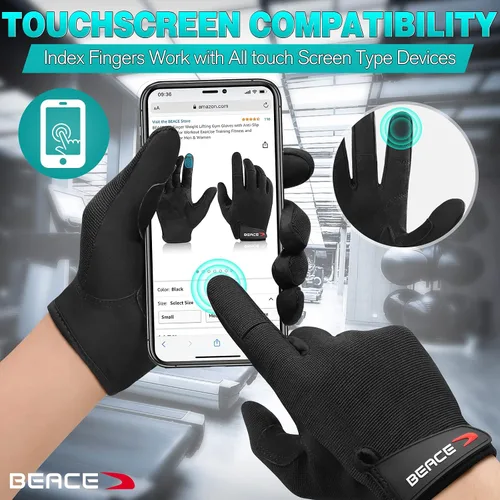 Miniatura 4 de BEACE Guantes de gimnasio para levantamiento de pesas de dedo completo con palma de cuero antideslizante para entrenamiento, ejercicio, fitness