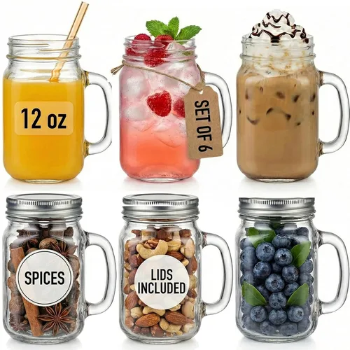Miniatura 10 de Kate Aspen Tazas de Frasco Mason de 12 oz con Asas y Tapa Sólida (Juego de 6) Tazas de Vidrio para Beber de Cocina Favores de Baby Shower DIY