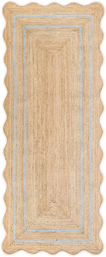 Miniatura 19 de Alfombra de Yute Natural Ondulada Festoneada - Corredor de Entrada Boho, Festón de Granja, Azul Cielo (2'x3')