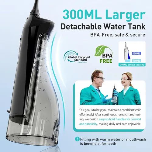 Miniatura 4 de COSLUS Hilo Dental de Agua: Irrigador Oral Portátil Inalámbrico 300ML Recargable Limpiador de Viaje IPX7 Impermeable Máquina de Hilo Dental