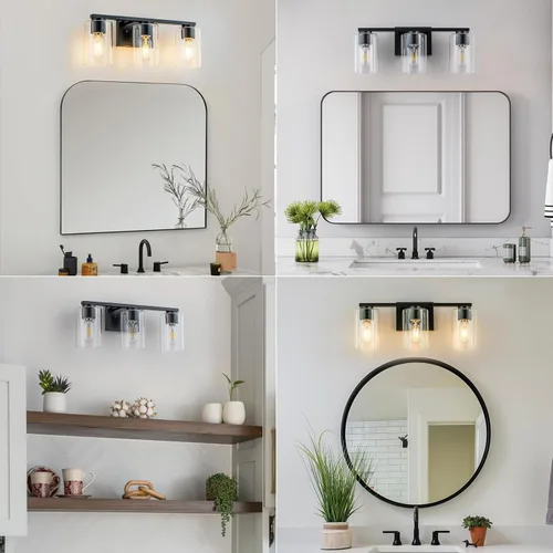 Miniatura 8 de WILON Lámpara de tocador de baño, 3 luces de tocador modernas de color negro claro con apliques de pared de vidrio transparente con vidrio