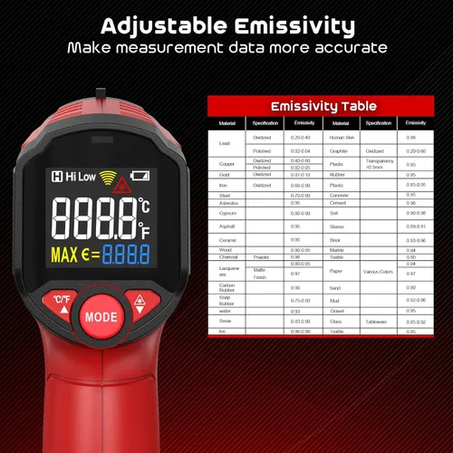 Miniatura 5 de Pistola Termómetro Infrarrojo, Pistola Termómetro Láser SQECH -58℉～1112℉(-50℃～600℃), Pistola de Temperatura Sin Contacto con Emisividad Ajustable