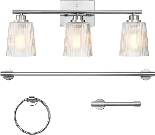 Miniatura 10 de GLOBE Electric 63000062 - Juego de baño todo en uno de 5 piezas, negro mate y latón, luz de tocador de 3 luces, vidrio sembrado, toallero, soporte
