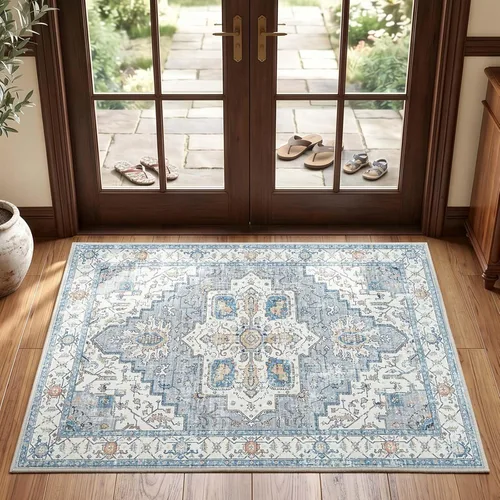 Miniatura 34 de jinchan Alfombra de área pequeña lavable floral vintage, alfombra de entrada simétrica de medio círculo de 2 x 3, alfombra de entrada suave de pelo