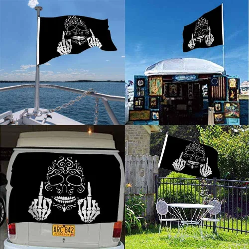 Miniatura 5 de Swono Bandera de calavera con diseño de esqueleto con dedo medio, bandera negra de 3 x 5 pies, bandera grande para exteriores e interiores, oficina