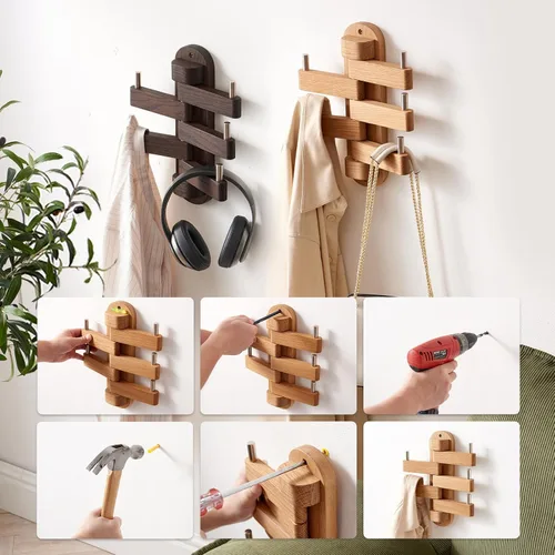 Miniatura 5 de Perchero giratorio para pared, ganchos de pared de madera de roble con 5 brazos plegables giratorios, estante de entrada para dormitorio, entrada