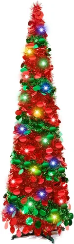 Miniatura 10 de Árbol de Navidad Emergente de 5 Pies con Luces, Árbol de Lápiz Plegable Rosa, Árbol de Navidad Delgado Árbol de Navidad Esbelto, Árbol de Oropel