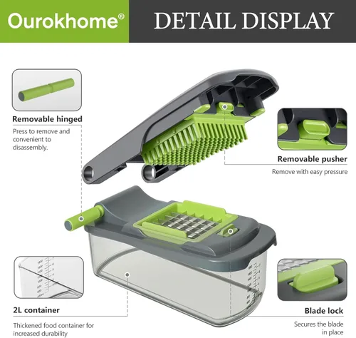 Miniatura 4 de Picadora de verduras Ourokhome con recipiente, picadora manual de verduras con 2 cuchillas de corte para tiras de papa, cubos de cebolla, palitos