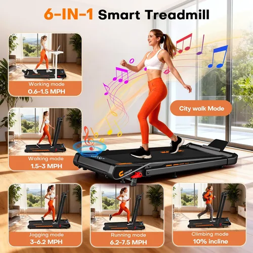Miniatura 2 de Treadmill with Speaker, 6-in-1 7.5MPH Foldable Treadmill for Home with App Compatible, Walking Pad with 10% Incline, LED Display, 3.0HP Brushless