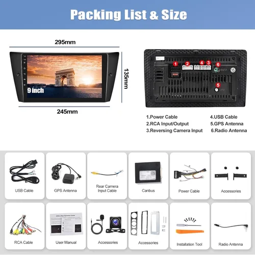 Miniatura 7 de 2G+64G CarPlay Android Auto Android 13 Estéreo de coche para BMW E90 E91 E92 E93 3 Series 2005-2011, 9 "Pantalla táctil Radio de coche con cámara