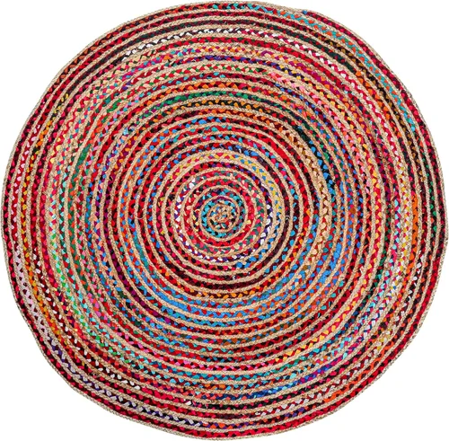 Alfombra redonda de yute tejida a mano de 3 pies - Alfombras bohemias coloridas para sala de estar - Alfombra bohemia multicolor trenzada a mano
