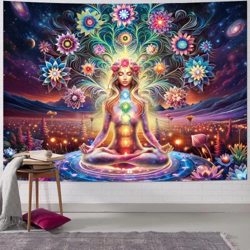 Miniatura 3 de Dermijer - Tapiz de luz negra con siete chacras para yoga y meditación - Tapiz de chacras de flores - Tapiz de galaxia, espacio y planetas - Tapiz
