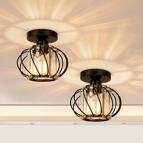 FRIDEKO HOME Paquete de 2 Luces de Techo Semi Empotradas - Pequeña Lámpara de Araña de Cristal para Pasillo con Jaula de Metal Negro, Accesorio de
