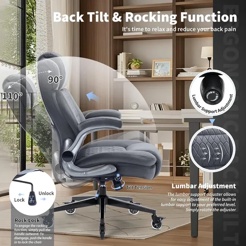 Miniatura 7 de Silla de oficina de respaldo alto de tela, 400 libras, soporte lumbar integrado, brazos abatibles, ruedas de bloqueo, silla de escritorio ergonómica