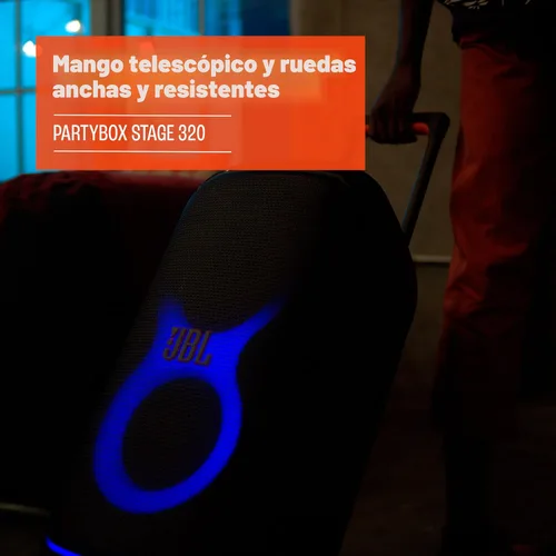 Miniatura 7 de JBL PartyBox Stage 320 - Altavoz portátil para fiestas con mango telescópico y ruedas anchas y resistentes, potente sonido JBL Pro, espectáculo