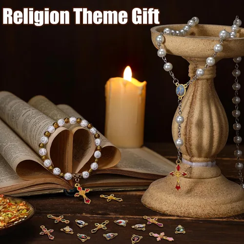 Miniatura 3 de 200 piezas/100 juegos de suministros para kits de fabricación de rosarios, medallas centrales con cruz y dijes de aleación, imágenes religiosas