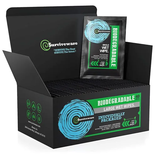 Surviveware Toallitas biodegradables para hombres o mujeres – Toallitas húmedas para la ducha, cara, cuerpo y glúteos, al aire libre, viajes,