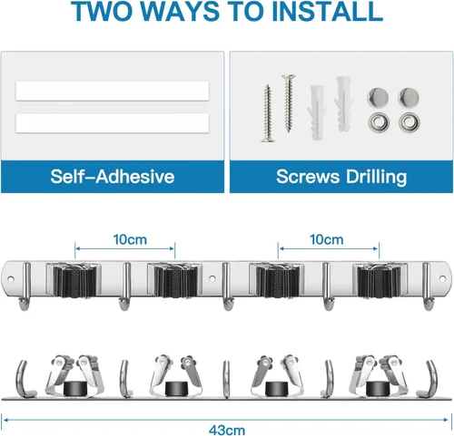 Miniatura 6 de IMILLET Soporte para escoba con montaje en pared, soporte para escoba y fregona de acero inoxidable autoadhesivo, ganchos resistentes, organizador 4