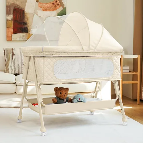 Miniatura 7 de Cuna para bebé recién nacido, moisés junto a la cama con malla transpirable y colchón, cuna fácil de mover para recién nacidos con ruedas que se