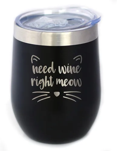 Need Wine Right Meow - Vaso de vino de gato con tapa deslizante, vaso aislado de acero inoxidable sin tallo, regalos divertidos y bonitos, color
