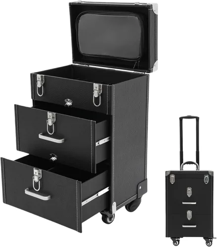 Miniatura 10 de Estuche de maquillaje con ruedas para cosméticos, carrito grande para cosméticos con cerraduras, organizador de almacenamiento de cosméticos, Negro