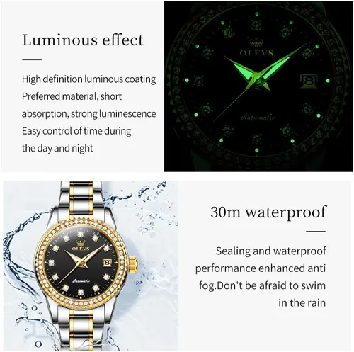 Miniatura 6 de OLEVS Reloj de pulsera de acero inoxidable original de acero inoxidable para mujer, mecánico automático, de lujo, color dorado