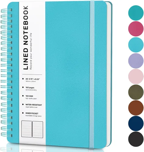 Miniatura 22 de Cuaderno de diario con líneas en espiral, cuaderno A5 de cuero de tapa dura para el trabajo, 5.7''×8.2'', papel grueso de 100GSM encuadernado